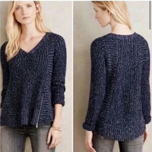 Moth Anthropologie Navy V Neck Woven Sweater Wool Alpaca Size Small